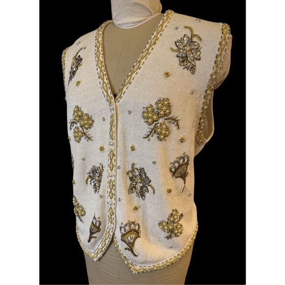 Claudia D Holiday Sweater Vest Women's XL Cream Pearl Gold Silver Beads Christma - Picture 6 of 10